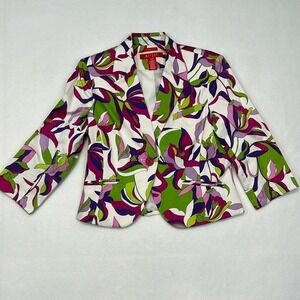 A Line Blazer Vintage Colorful Floral Abstract 3/4 Sleeve Mod Vibrant Summer 10P